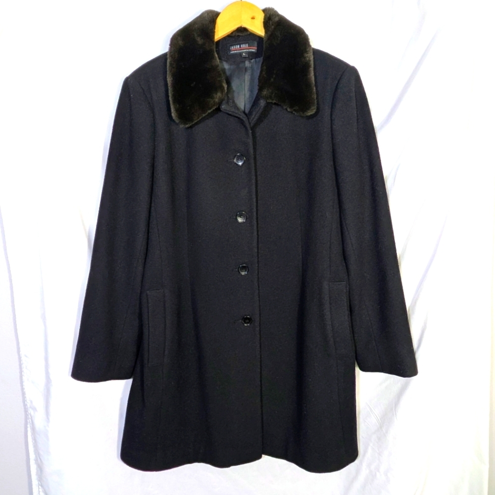Women's Jason Kole Winter Coat, Faux Fur Collar, 3/4 Length, Wool, Warm, Sz L